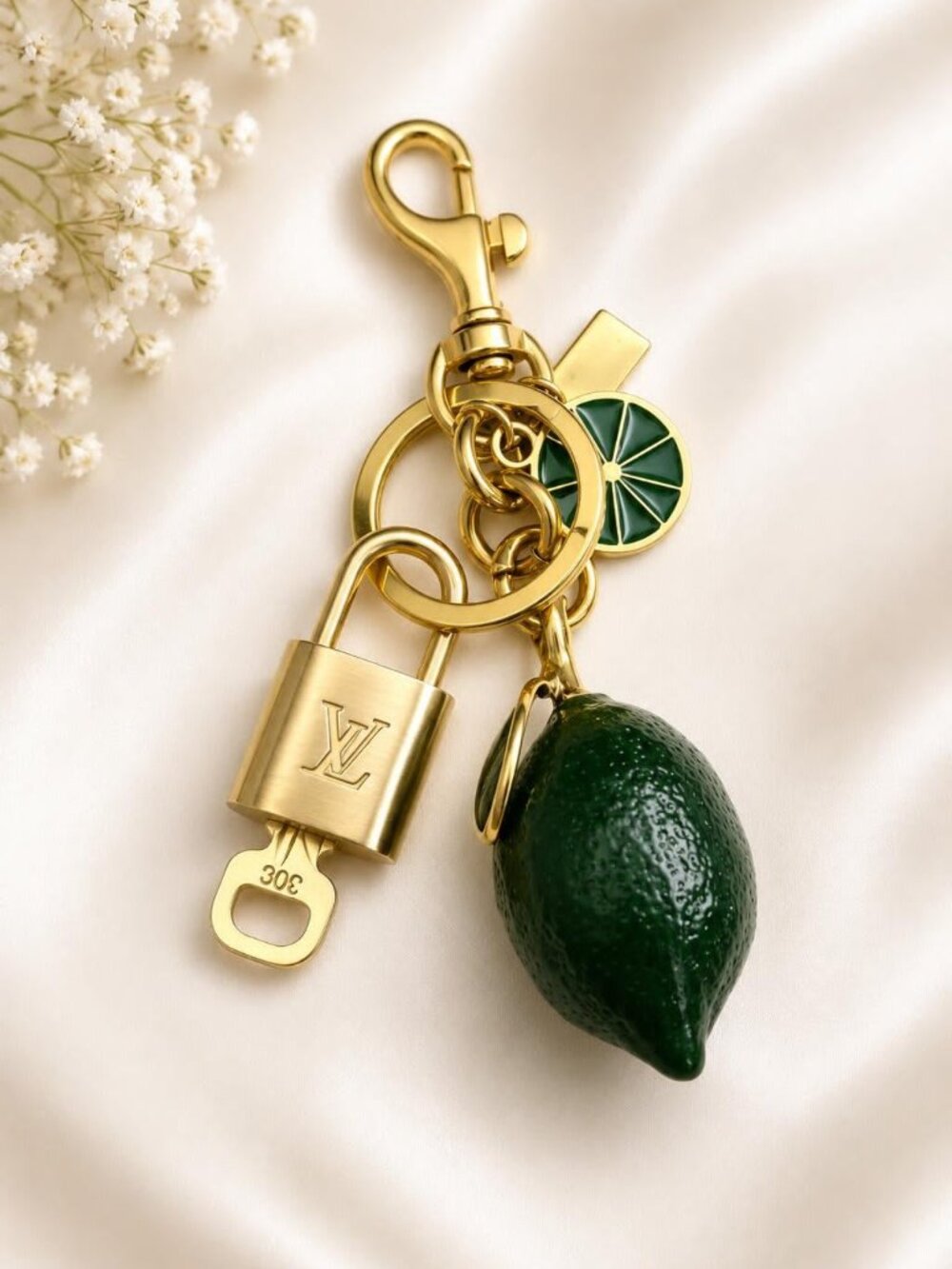 LV Authentic Gold Lock & Key 🔑 Luxury Bag Charm w/ Unbranded Lemon Keychain